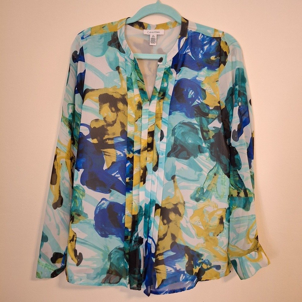 Calvin Klein Womens Medium Blouse Blue Teal Abstract Watercolor Roll Tab Pleated